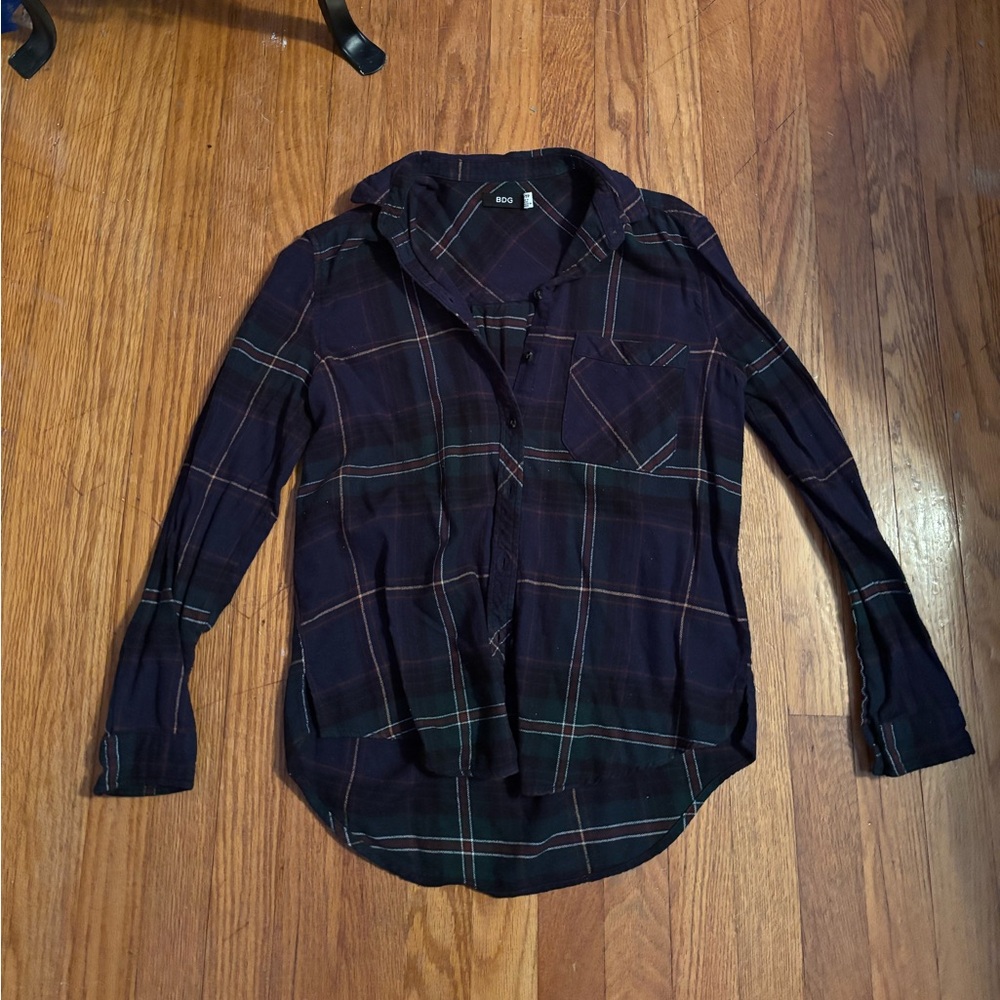 BDG Women’s Navy and Green Plaid Button Down Shirt